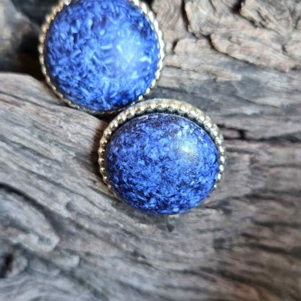 Blue Marbled Round Stud Earrings Gold Tone 1” Acrylic Statement Earrings